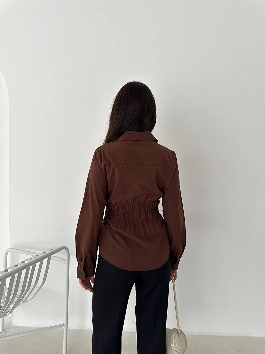 Kahverengi Kadın Bel Büzgülü Uzun Kollu Kahve Gömlek-2
