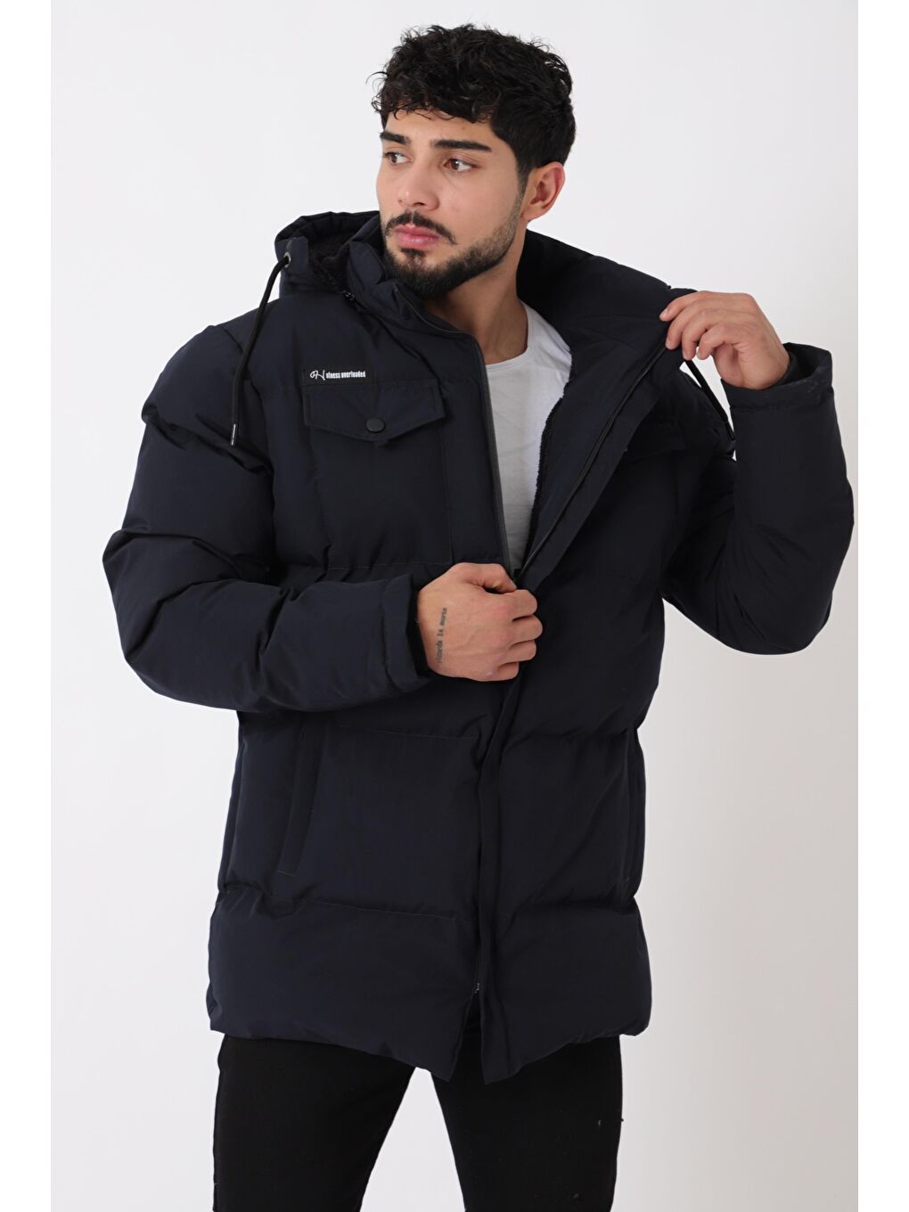 Lacivert Göğüs Cepli İçi Kürklü Uzun Şişme Mont PLDP 2957_50456-3