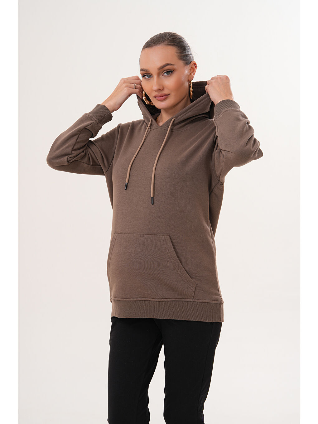 Kahverengi %100 Pamuk Hamile ve Lohusa Basic Kapüşonlu Sweatshirt-4