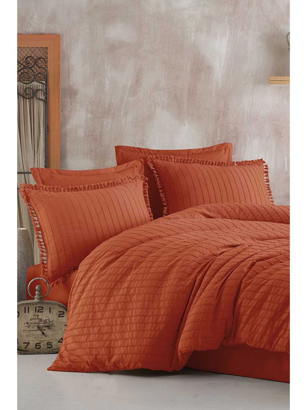 Kahverengi %100 Pamuk Çift Kişilik Püsküllü Nevresim Seti Estina Kiremit-1