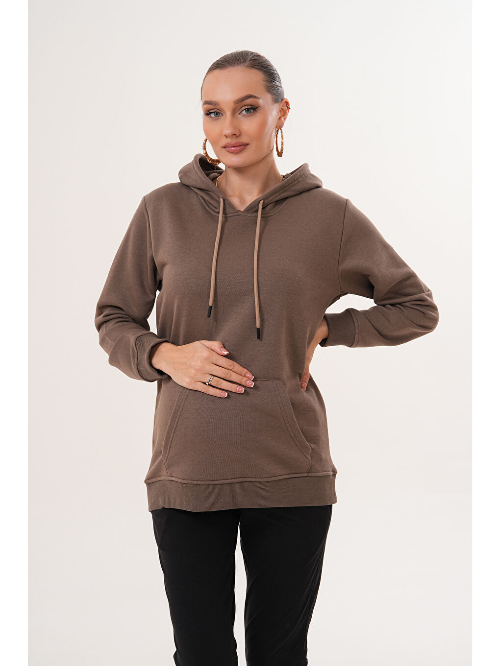 Kahverengi %100 Pamuk Hamile ve Lohusa Basic Kapüşonlu Sweatshirt-5