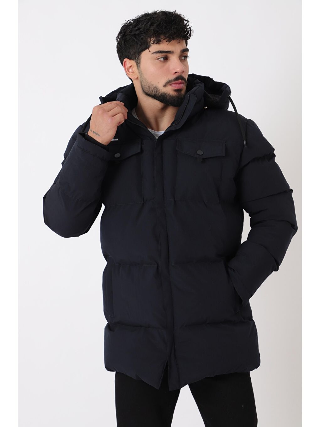 Lacivert Göğüs Cepli İçi Kürklü Uzun Şişme Mont PLDP 2957_50456-4