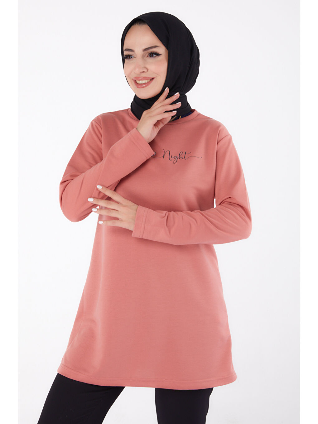 Pembe Bisiklet Yaka Kadın Gül Baskılı Sweatshirt - 13328-1