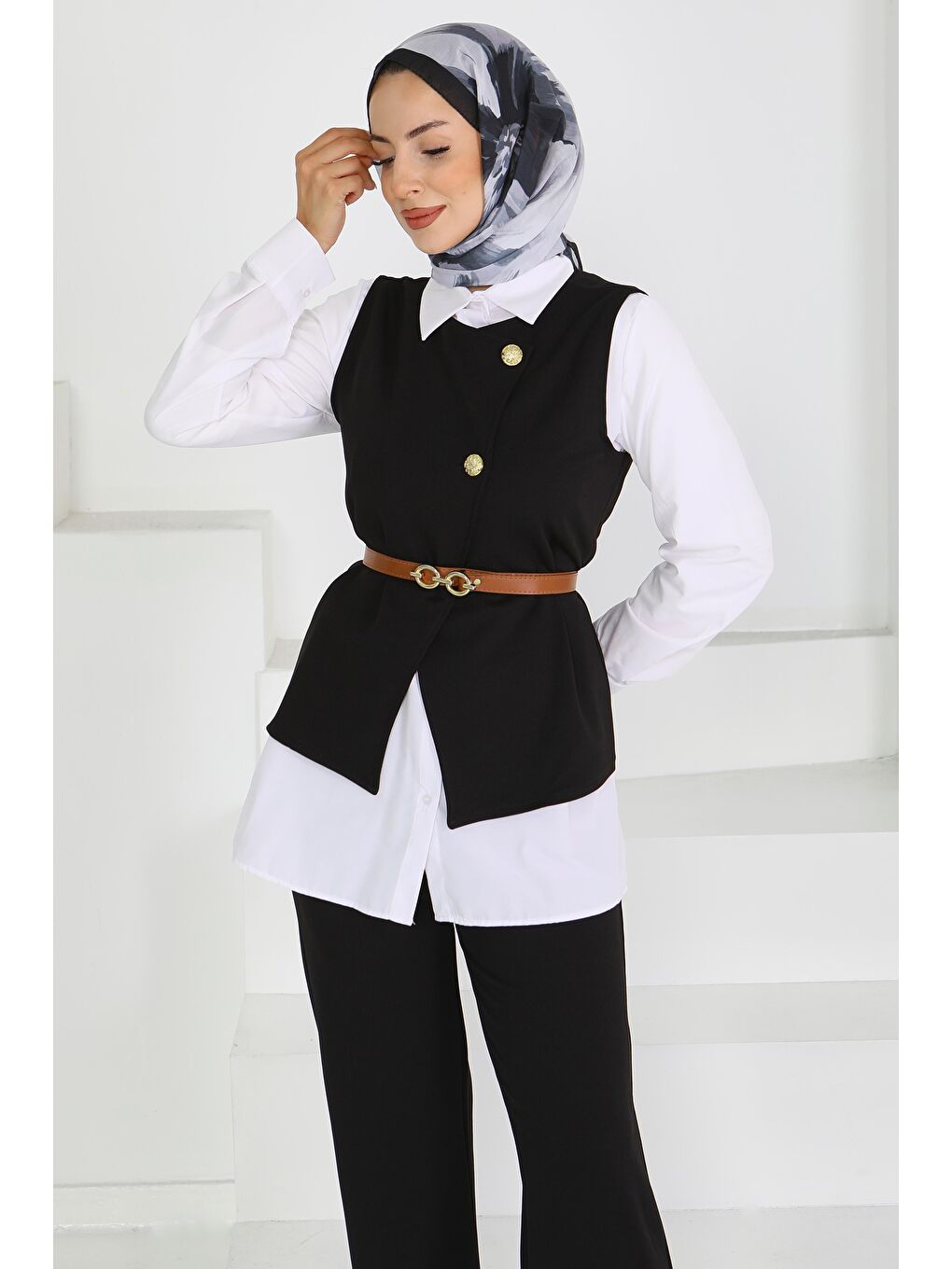 Kemerli Yelek Pantolon Mira Takım Siyah - 27612-1