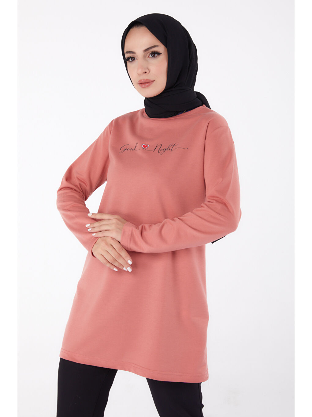 Pembe Bisiklet Yaka Kadın Gül Baskılı Sweatshirt - 13328-2