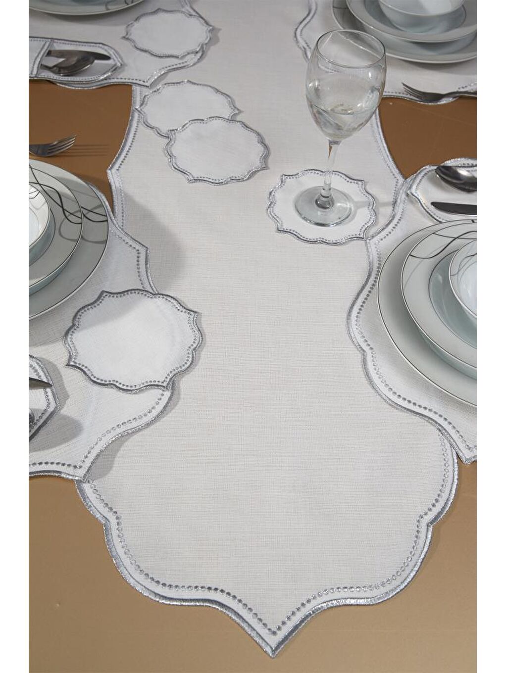 Gri Damla Keten Nakışlı Amerikan Servis Takımı 19 Parça Silver-2