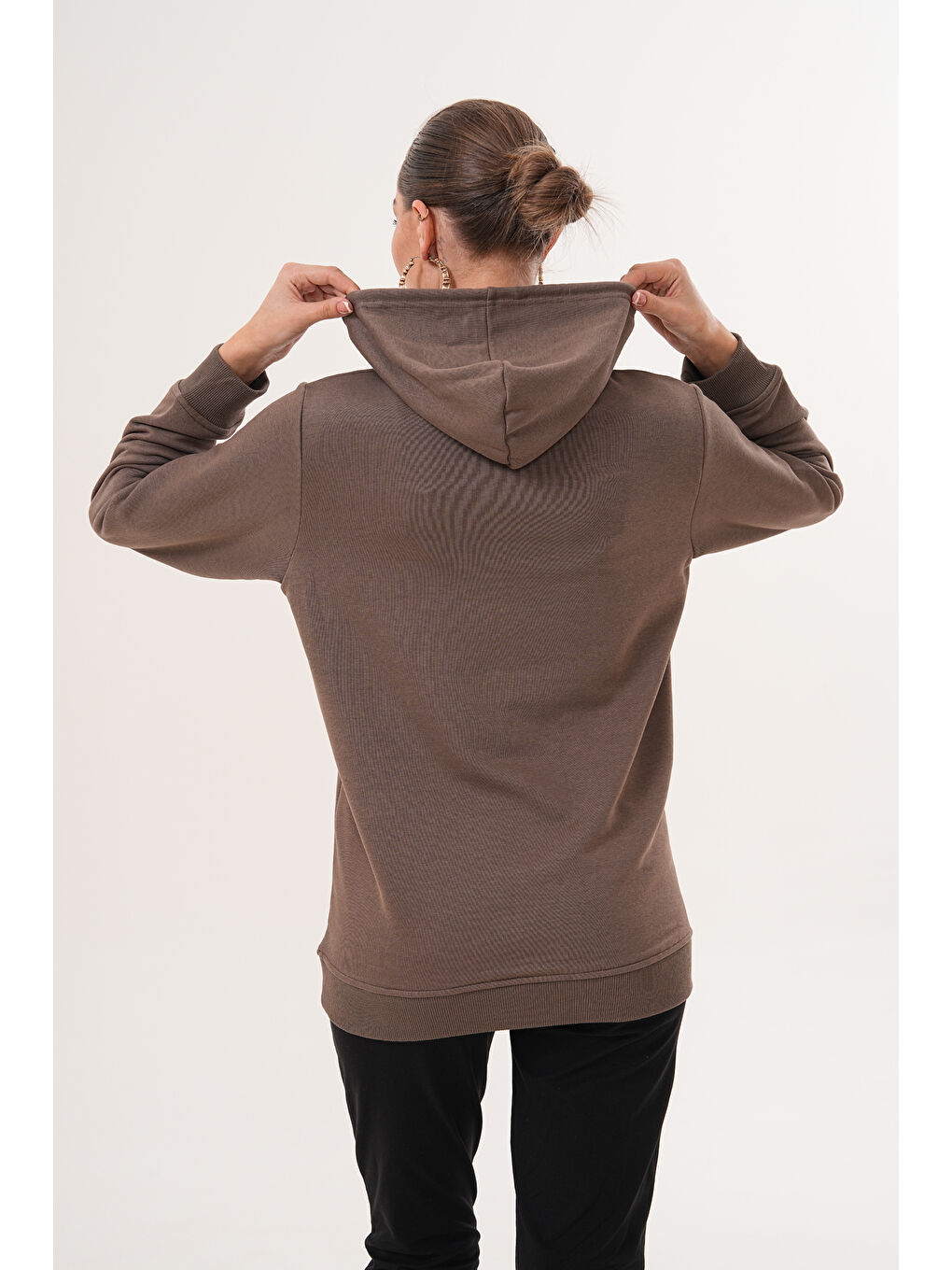 Kahverengi %100 Pamuk Hamile ve Lohusa Basic Kapüşonlu Sweatshirt-6