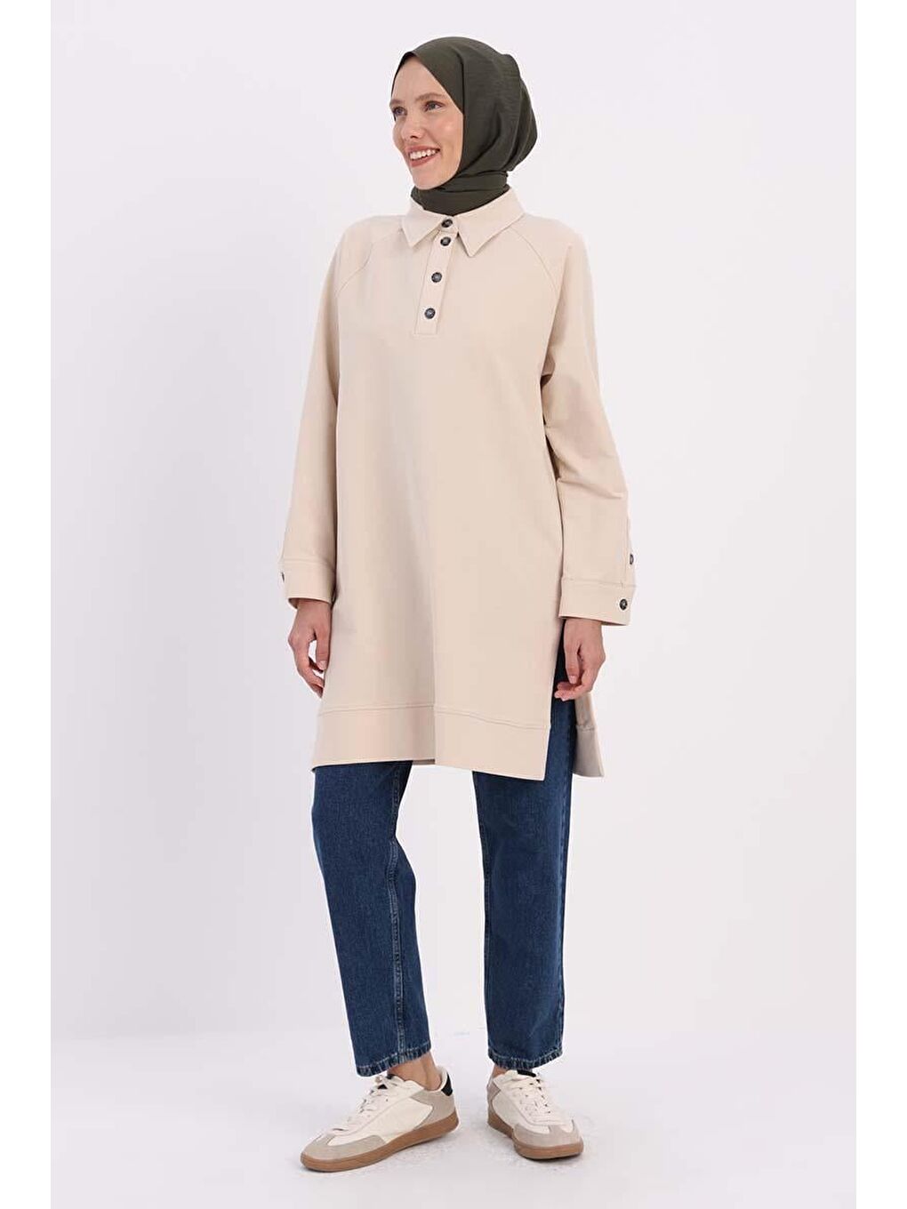 Bej Taş-Gömlek Yaka Yarım Patlı Yırtmaçlı Tunik-2