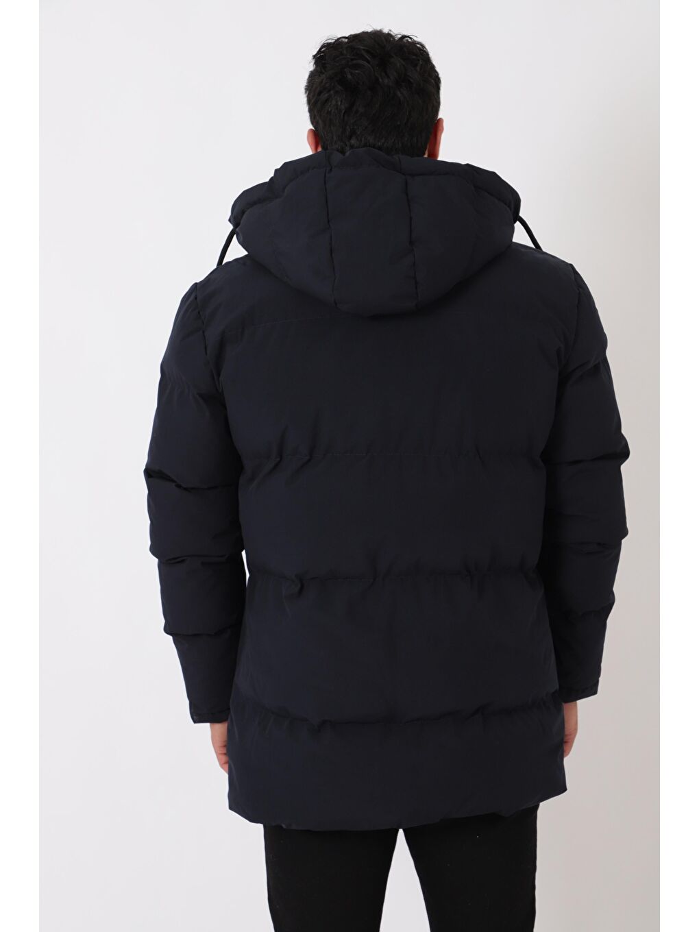 Lacivert Göğüs Cepli İçi Kürklü Uzun Şişme Mont PLDP 2957_50456-5