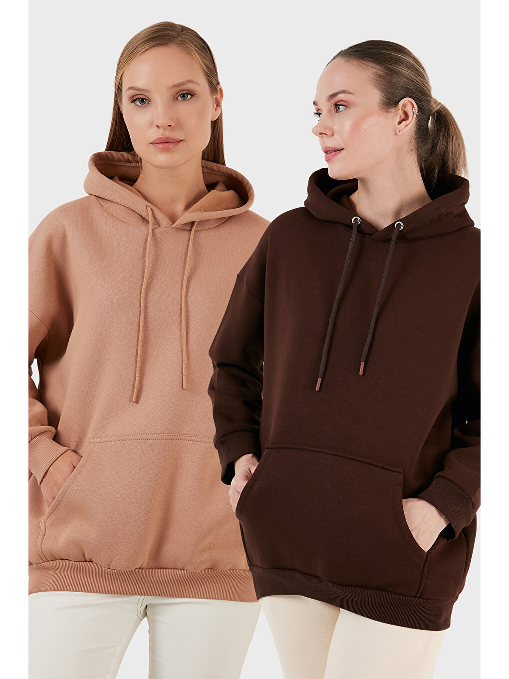 Bej Regular Fit Pamuklu Kapüşonlu Yaka Şardonlu Kışlık 2'li Paket Sweat 5863854S2