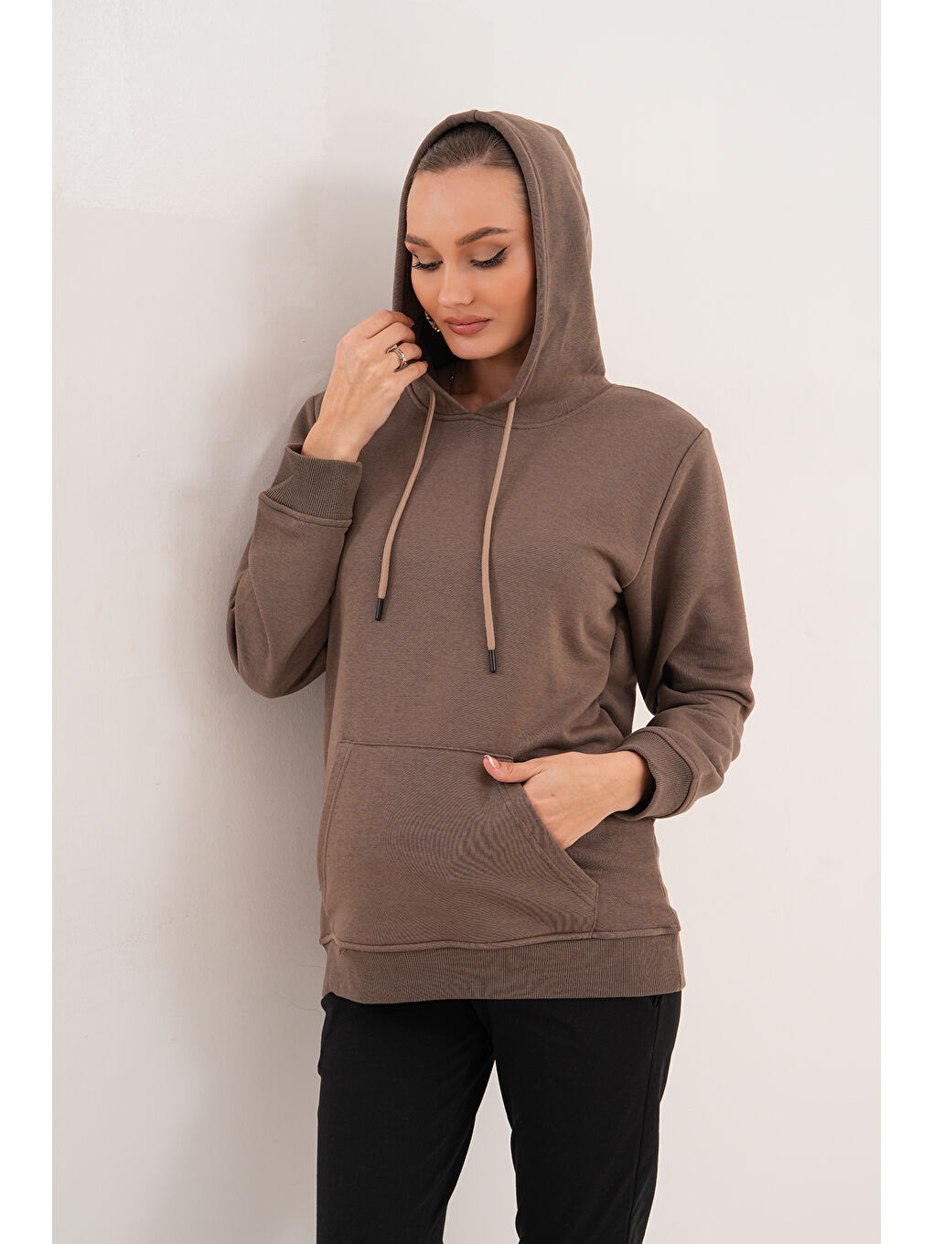 Kahverengi %100 Pamuk Hamile ve Lohusa Basic Kapüşonlu Sweatshirt-7