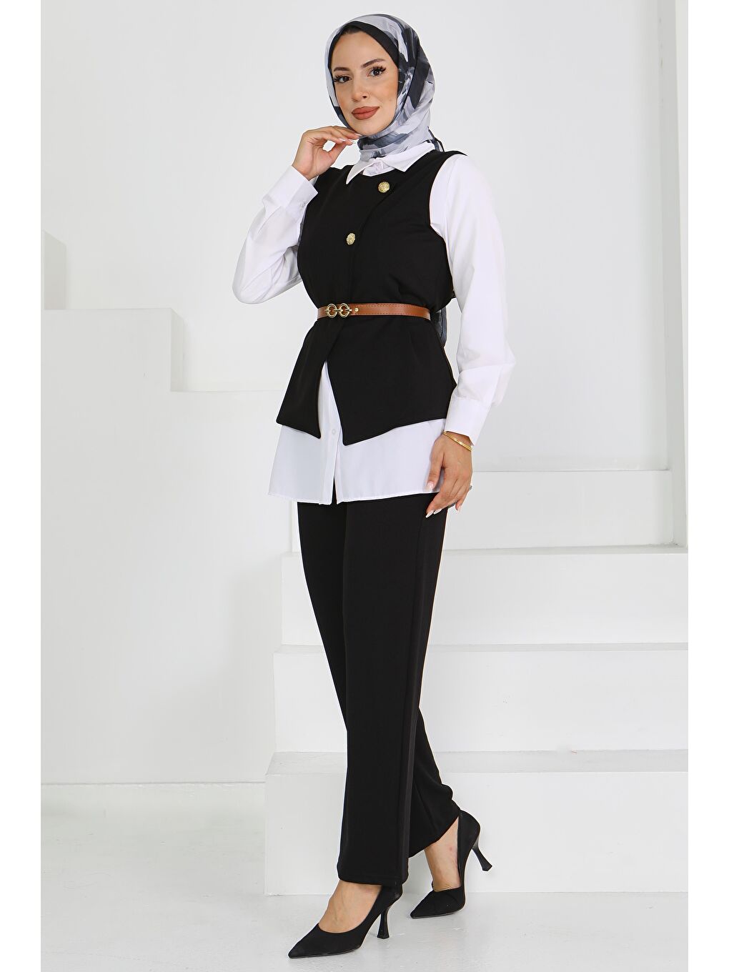 Kemerli Yelek Pantolon Mira Takım Siyah - 27612-2