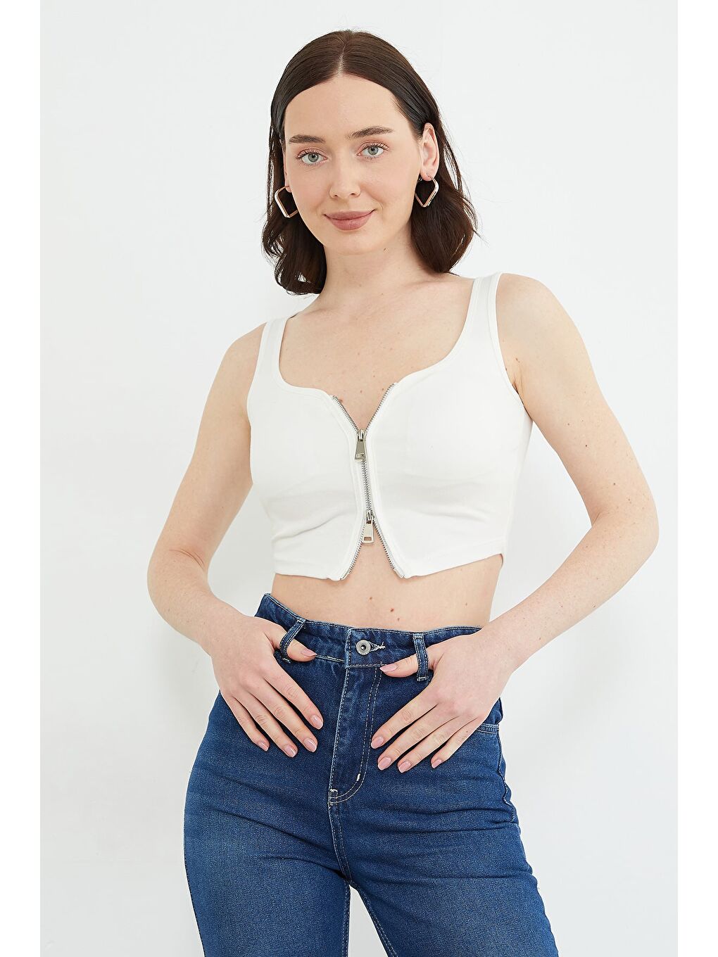 Ekru Basic Çift Fermuarlı Kaplı Bluz