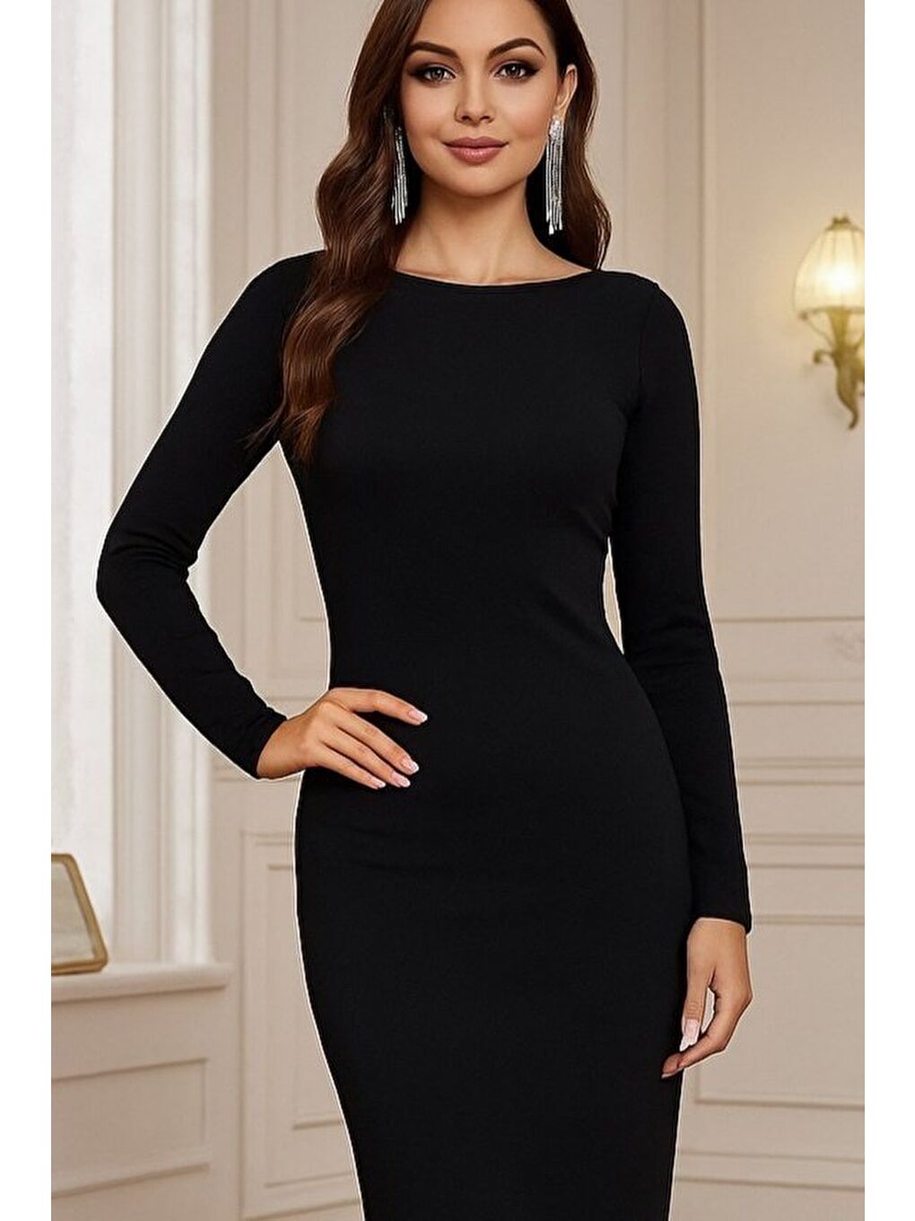 Siyah Kadın Uzun Kollu Yuvarlak Yaka Akrilik Elbise-1