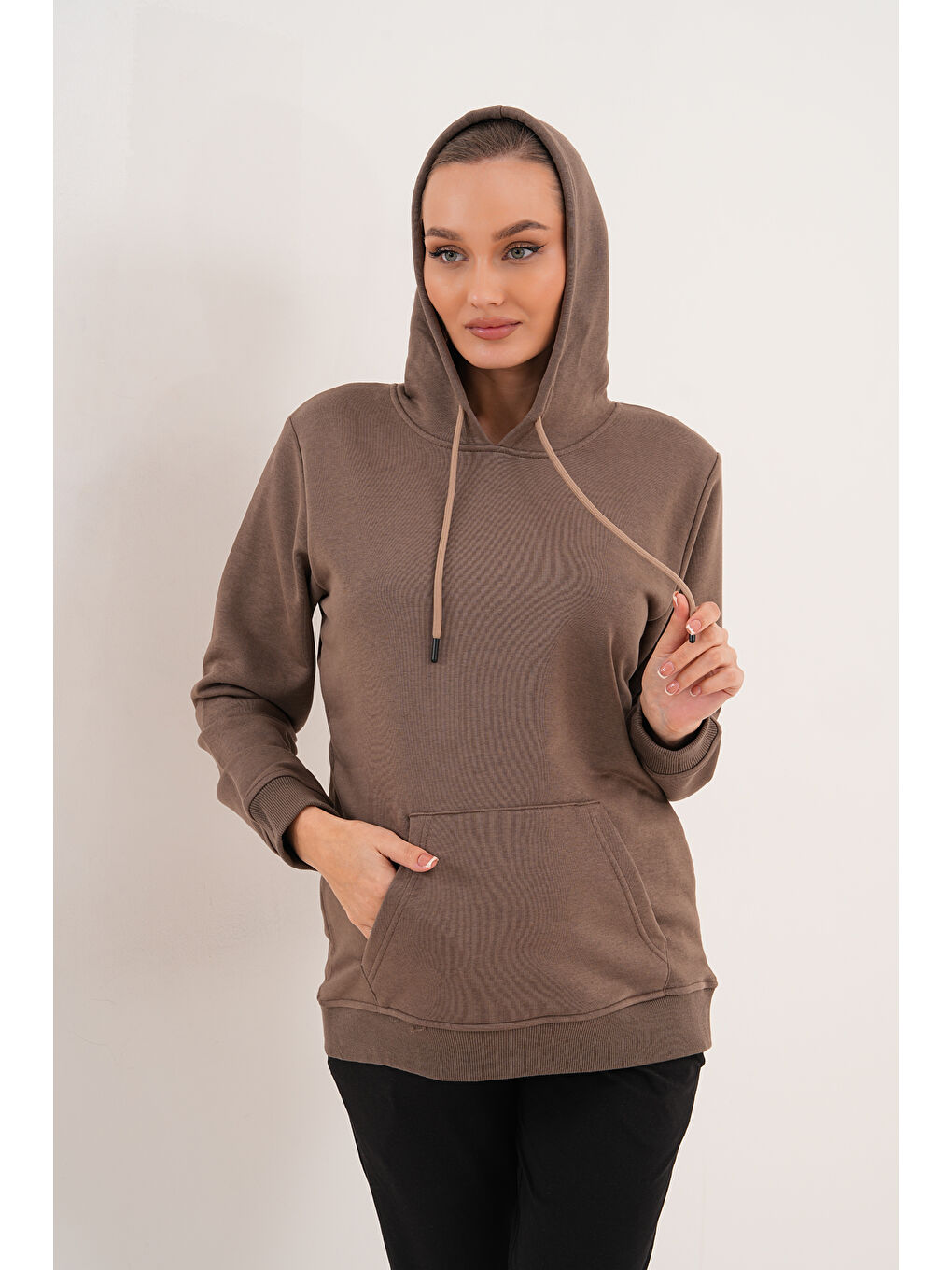 Kahverengi %100 Pamuk Hamile ve Lohusa Basic Kapüşonlu Sweatshirt-8