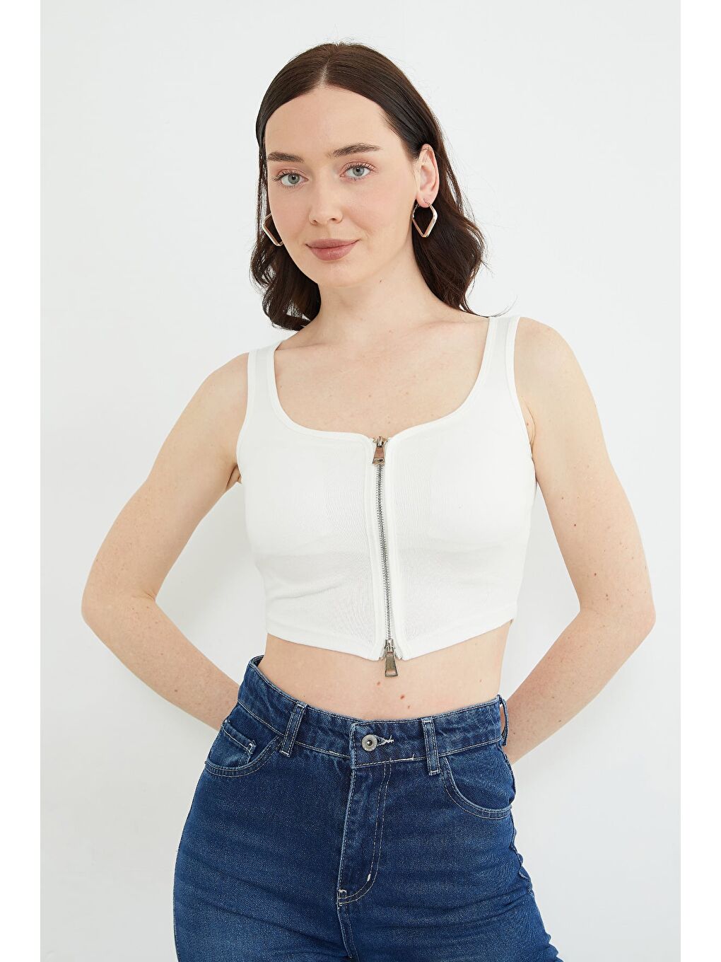 Ekru Basic Çift Fermuarlı Kaplı Bluz-1