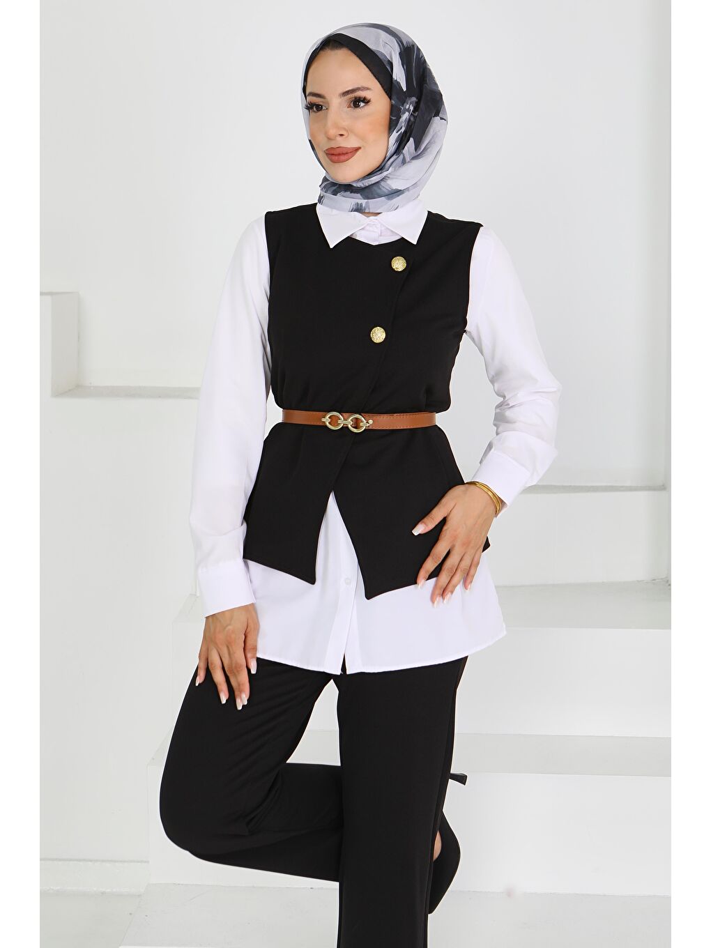 Kemerli Yelek Pantolon Mira Takım Siyah - 27612-3
