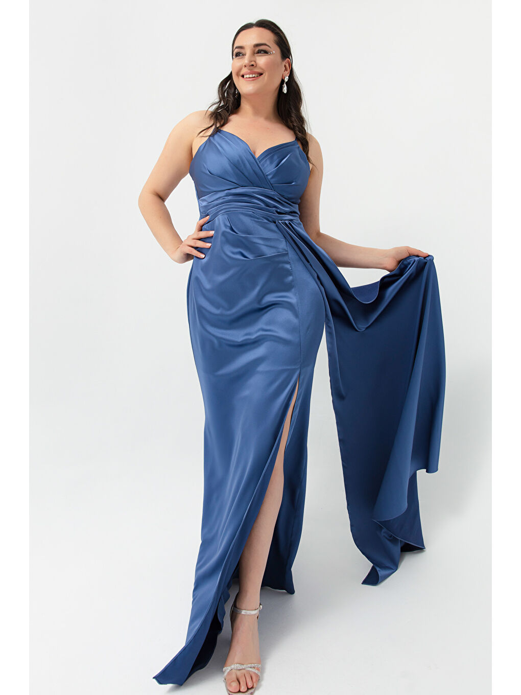 Kadın İndigo Büyük Beden Uzun Saten Abiye Elbise & Mezuniyet Elbisesi-1