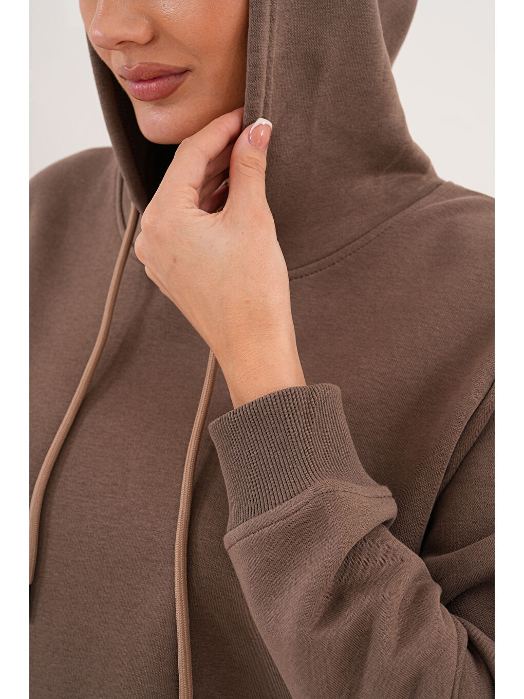 Kahverengi %100 Pamuk Hamile ve Lohusa Basic Kapüşonlu Sweatshirt-9