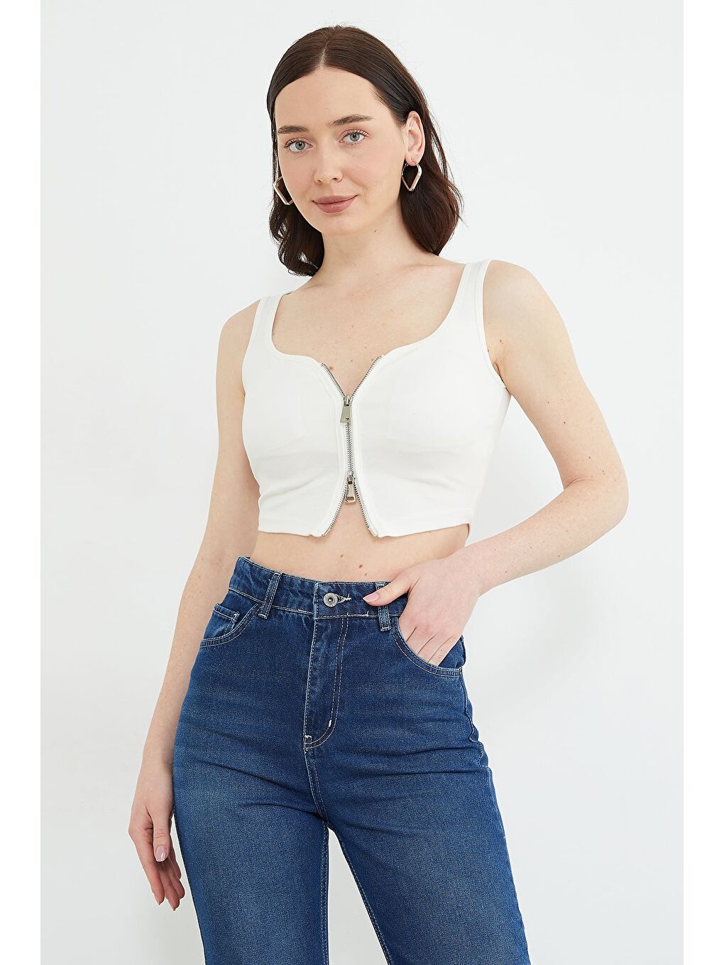 Ekru Basic Çift Fermuarlı Kaplı Bluz-2