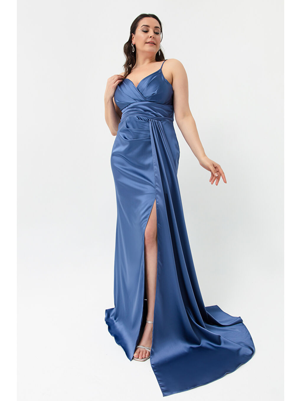 Kadın İndigo Büyük Beden Uzun Saten Abiye Elbise & Mezuniyet Elbisesi-2