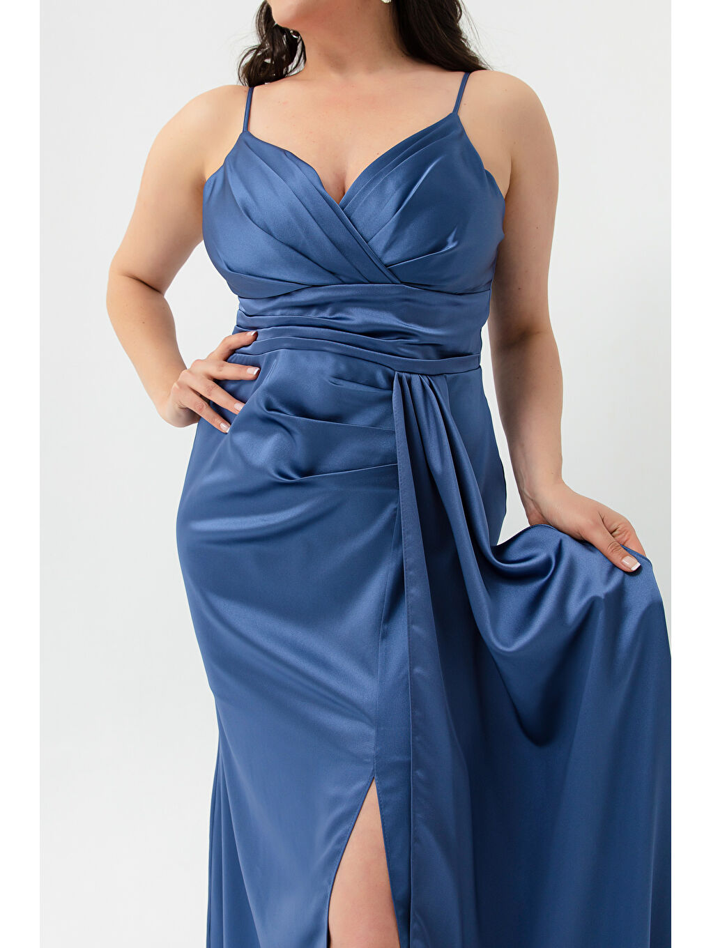 Kadın İndigo Büyük Beden Uzun Saten Abiye Elbise & Mezuniyet Elbisesi-3