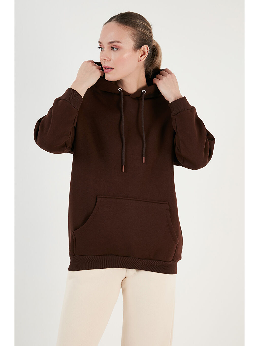 Bej Regular Fit Pamuklu Kapüşonlu Yaka Şardonlu Kışlık 2'li Paket Sweat 5863854S2-2