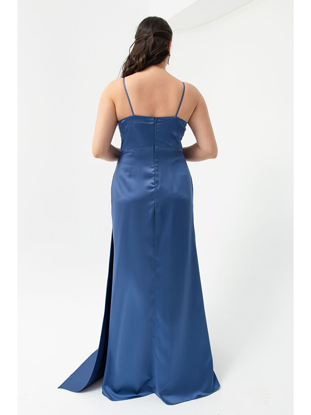 Kadın İndigo Büyük Beden Uzun Saten Abiye Elbise & Mezuniyet Elbisesi-4