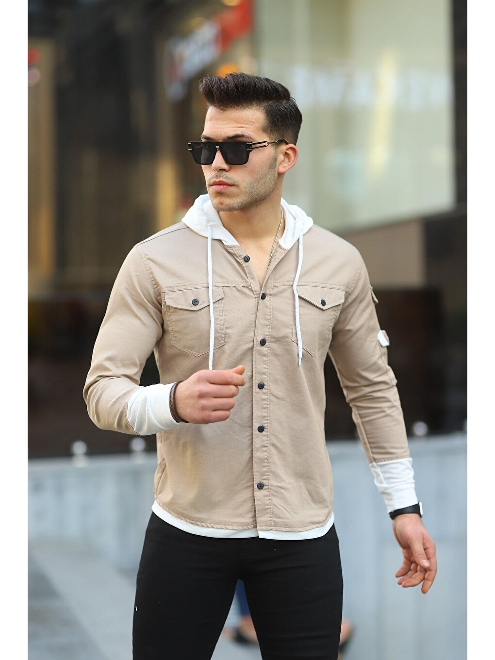 Bej Erkek Slim Fit Penye Kapüşonlu Düğmeli Jean Gömlek-1