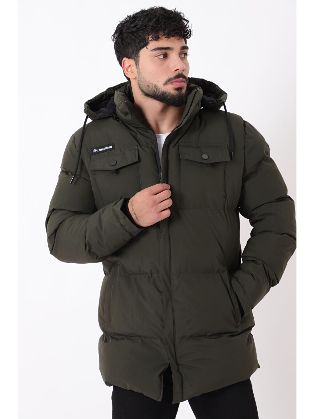 Haki Göğüs Cepli İçi Kürklü Uzun Şişme Mont PLDP 2957_50456