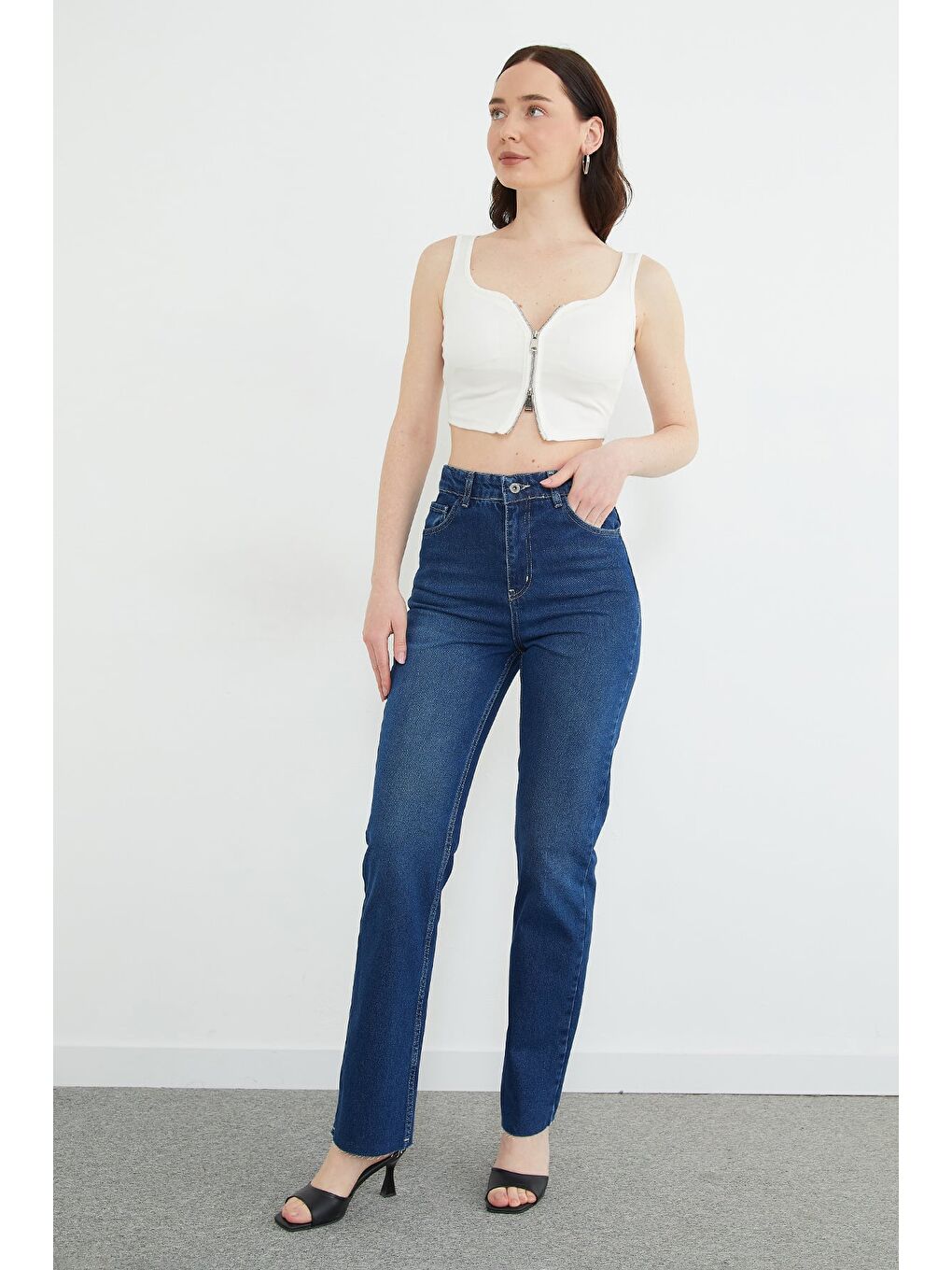 Ekru Basic Çift Fermuarlı Kaplı Bluz-3