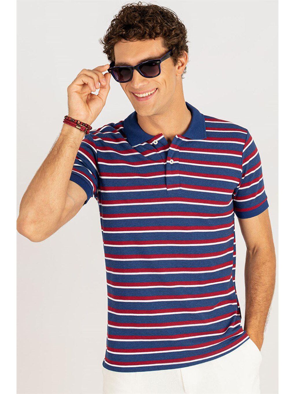 Erkek Slim Fit Dar Kesim %100 Pamuk Çizgili Pike Sax Mavi Polo Yaka Tişört