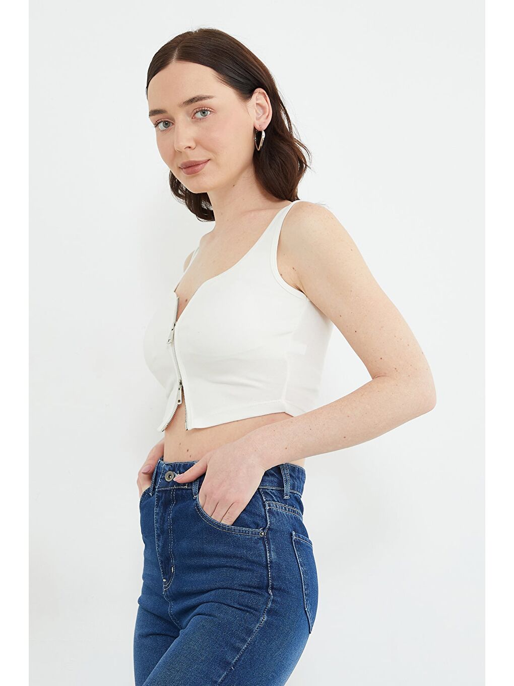 Ekru Basic Çift Fermuarlı Kaplı Bluz-4