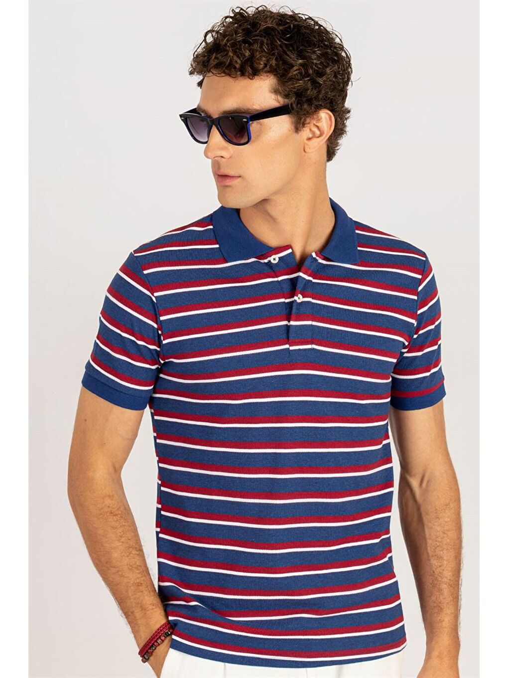 Erkek Slim Fit Dar Kesim %100 Pamuk Çizgili Pike Sax Mavi Polo Yaka Tişört-1