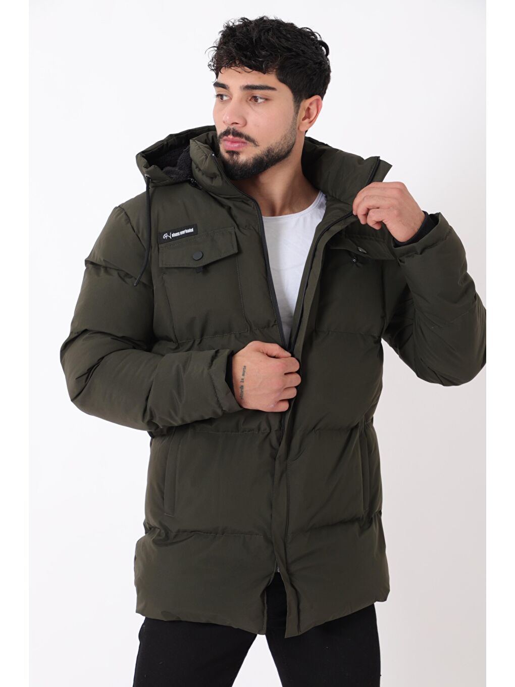 Haki Göğüs Cepli İçi Kürklü Uzun Şişme Mont PLDP 2957_50456-1