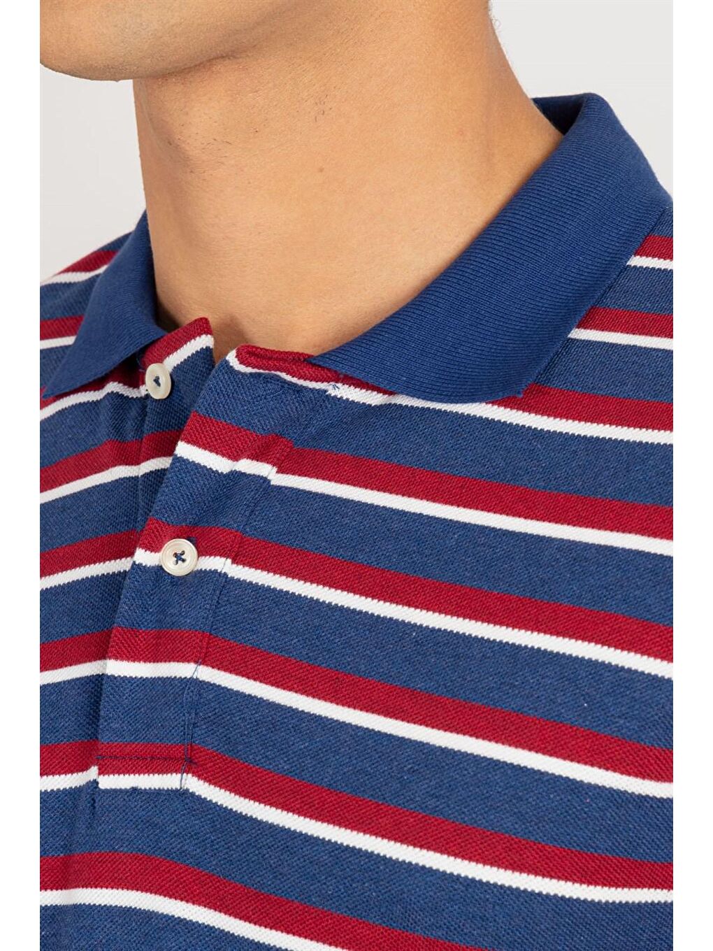 Erkek Slim Fit Dar Kesim %100 Pamuk Çizgili Pike Sax Mavi Polo Yaka Tişört-2