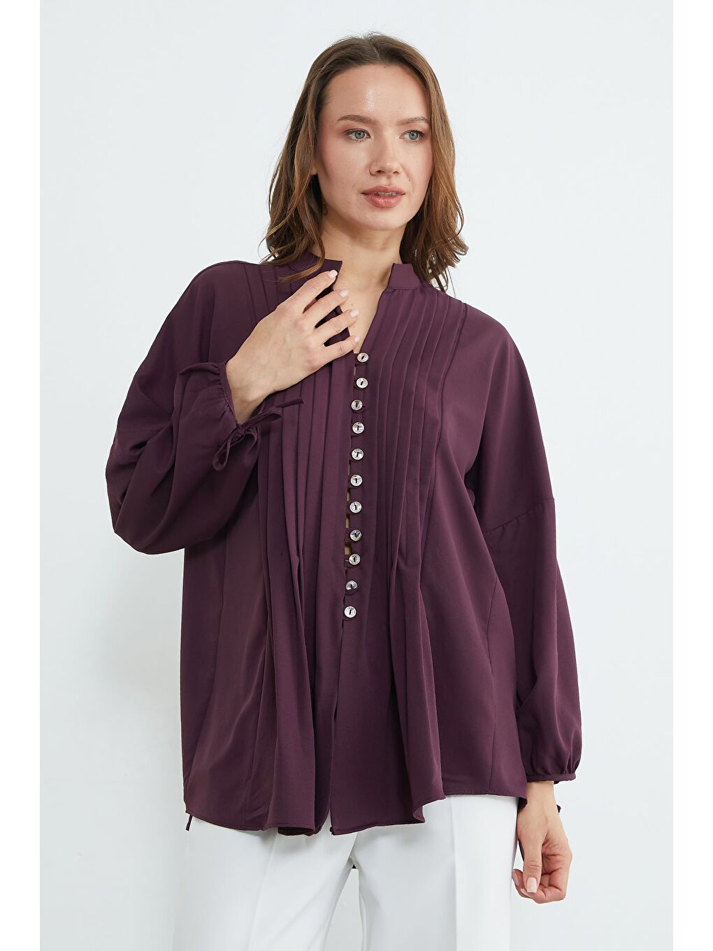 Mürdüm Fullamodest Pileli Kolu Bağlamalı Gömlek-1