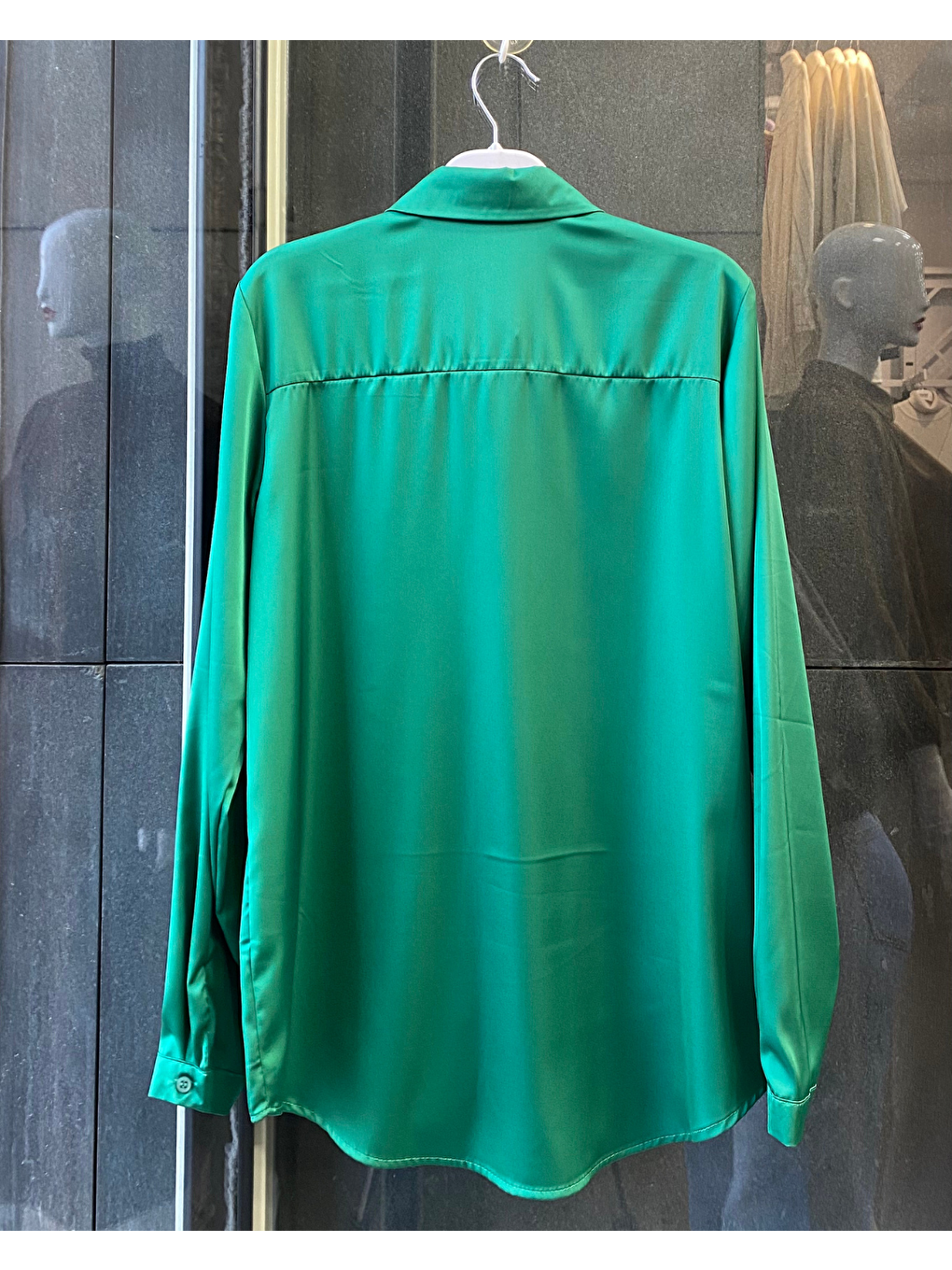 Yeşil Büyük Beden İpek Saten Klasik Gömlek-2