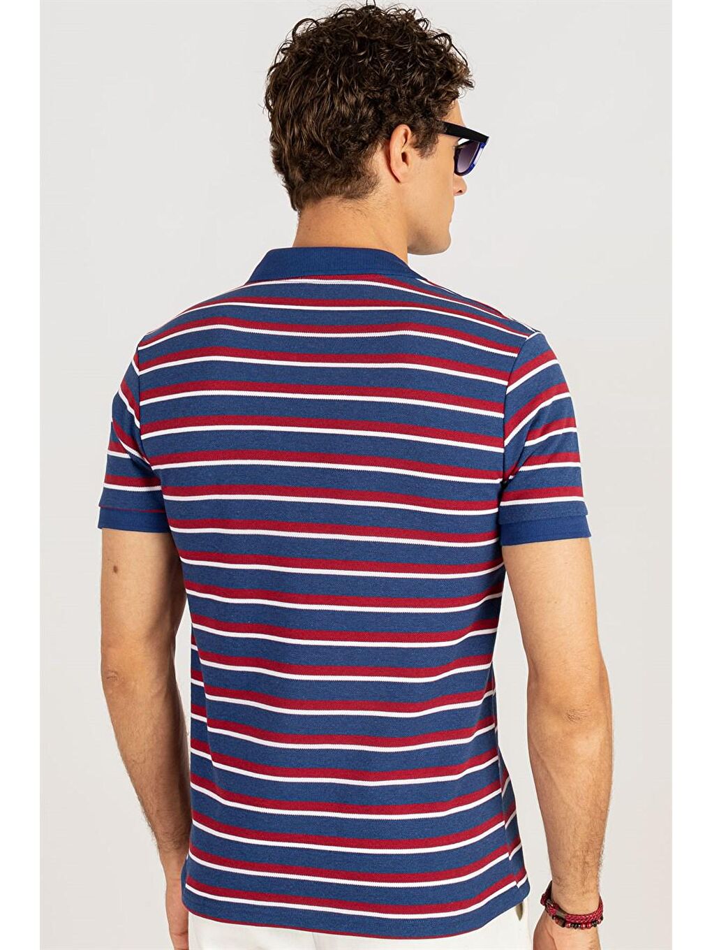 Erkek Slim Fit Dar Kesim %100 Pamuk Çizgili Pike Sax Mavi Polo Yaka Tişört-3