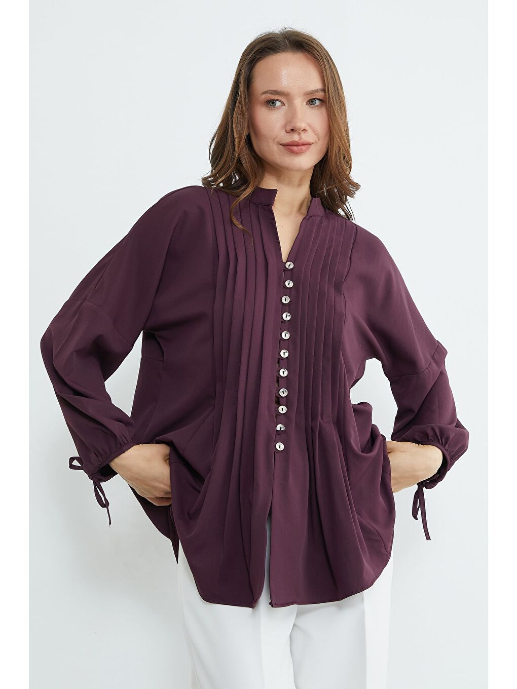 Mürdüm Fullamodest Pileli Kolu Bağlamalı Gömlek-2