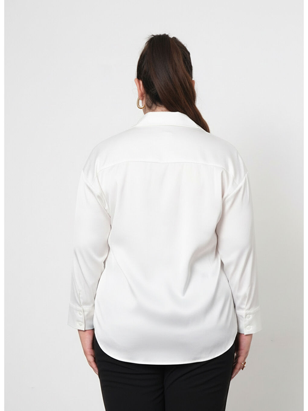 Beyaz Büyük Beden İpek Saten Klasik Gömlek-2