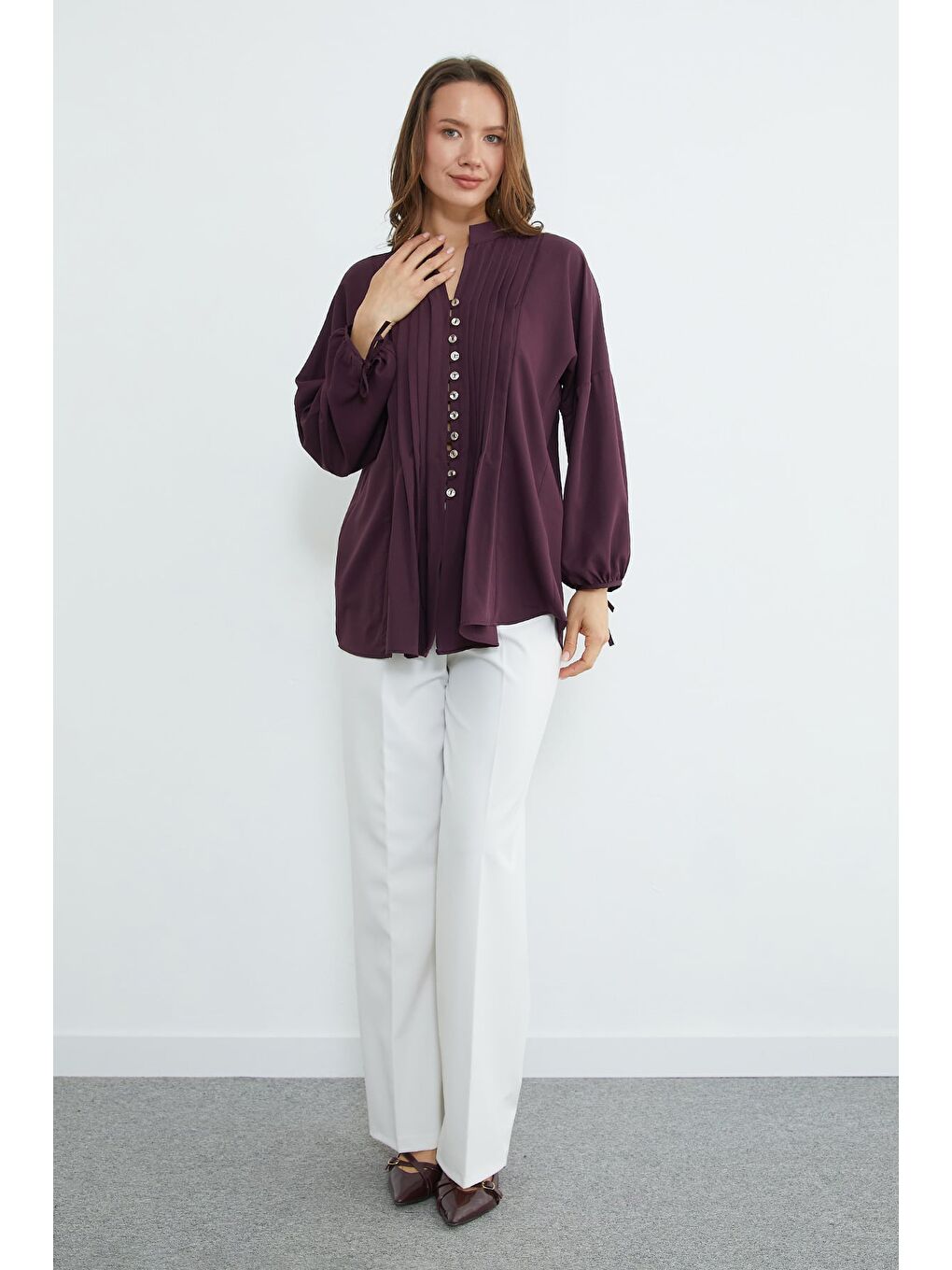 Mürdüm Fullamodest Pileli Kolu Bağlamalı Gömlek-3