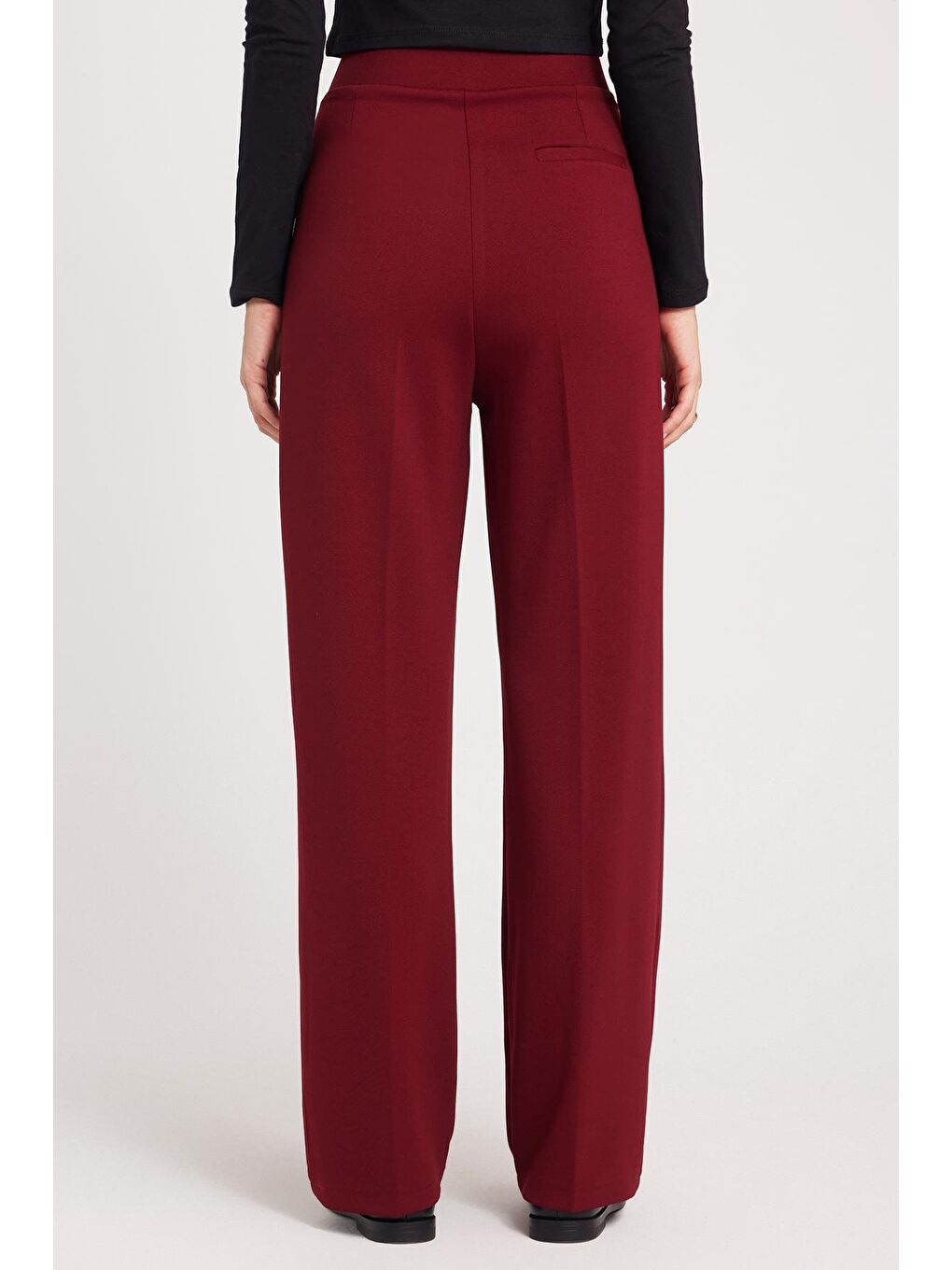Kadın Regular Fit Klasik Kesim Cırt Kapamalı Geniş Paça Bordo Pantolon-6
