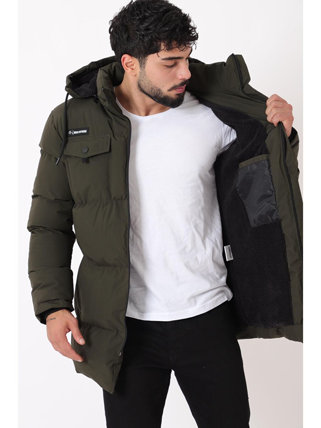 Haki Göğüs Cepli İçi Kürklü Uzun Şişme Mont PLDP 2957_50456-2