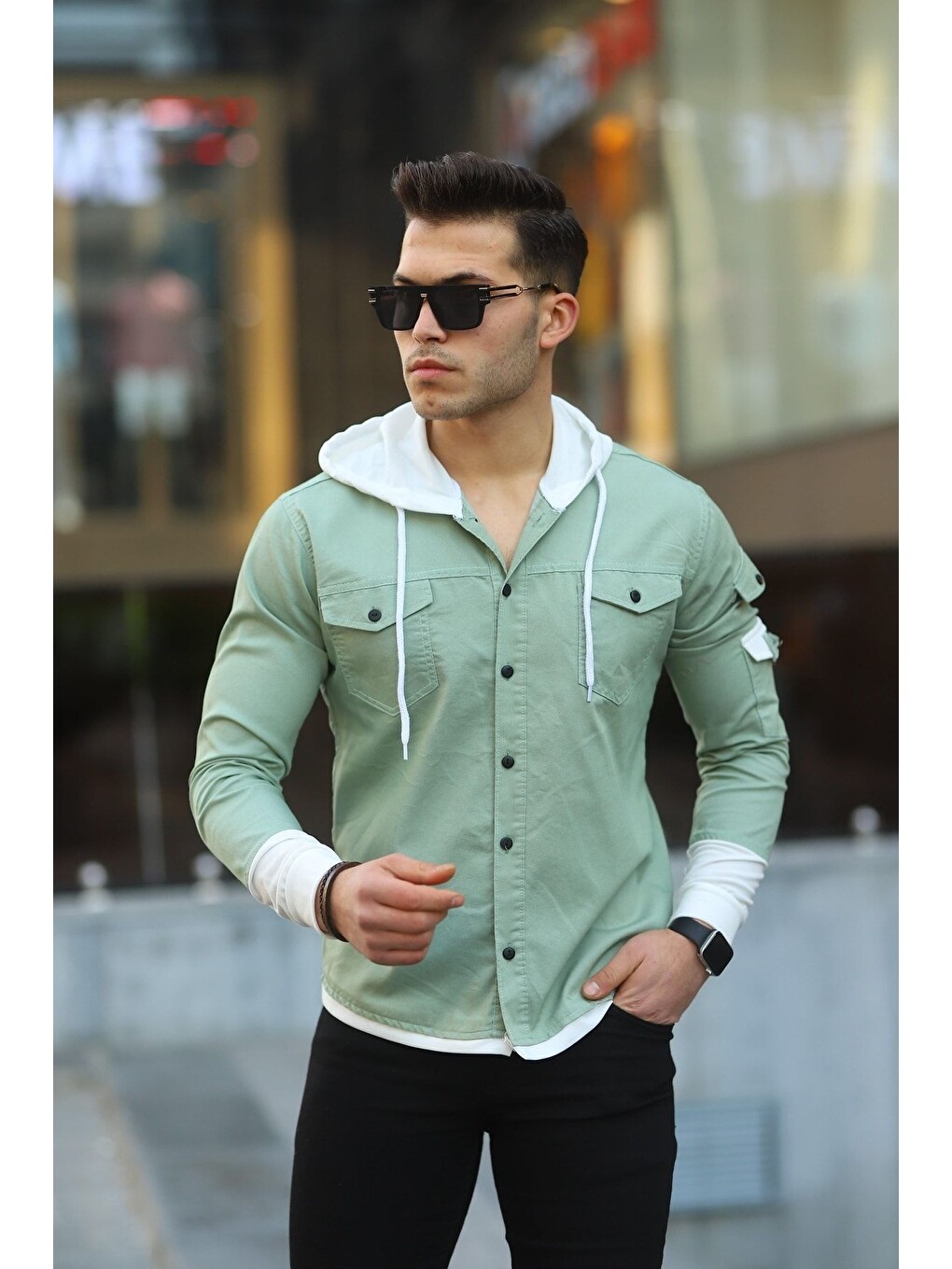 Turkuaz Erkek Slim Fit Penye Kapüşonlu Düğmeli Jean Gömlek