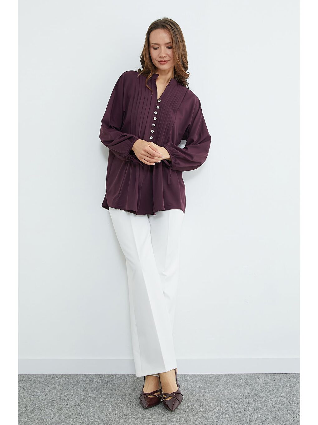 Mürdüm Fullamodest Pileli Kolu Bağlamalı Gömlek-4