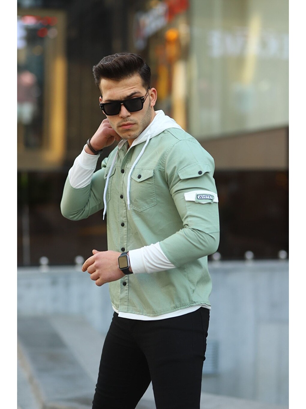 Turkuaz Erkek Slim Fit Penye Kapüşonlu Düğmeli Jean Gömlek-1