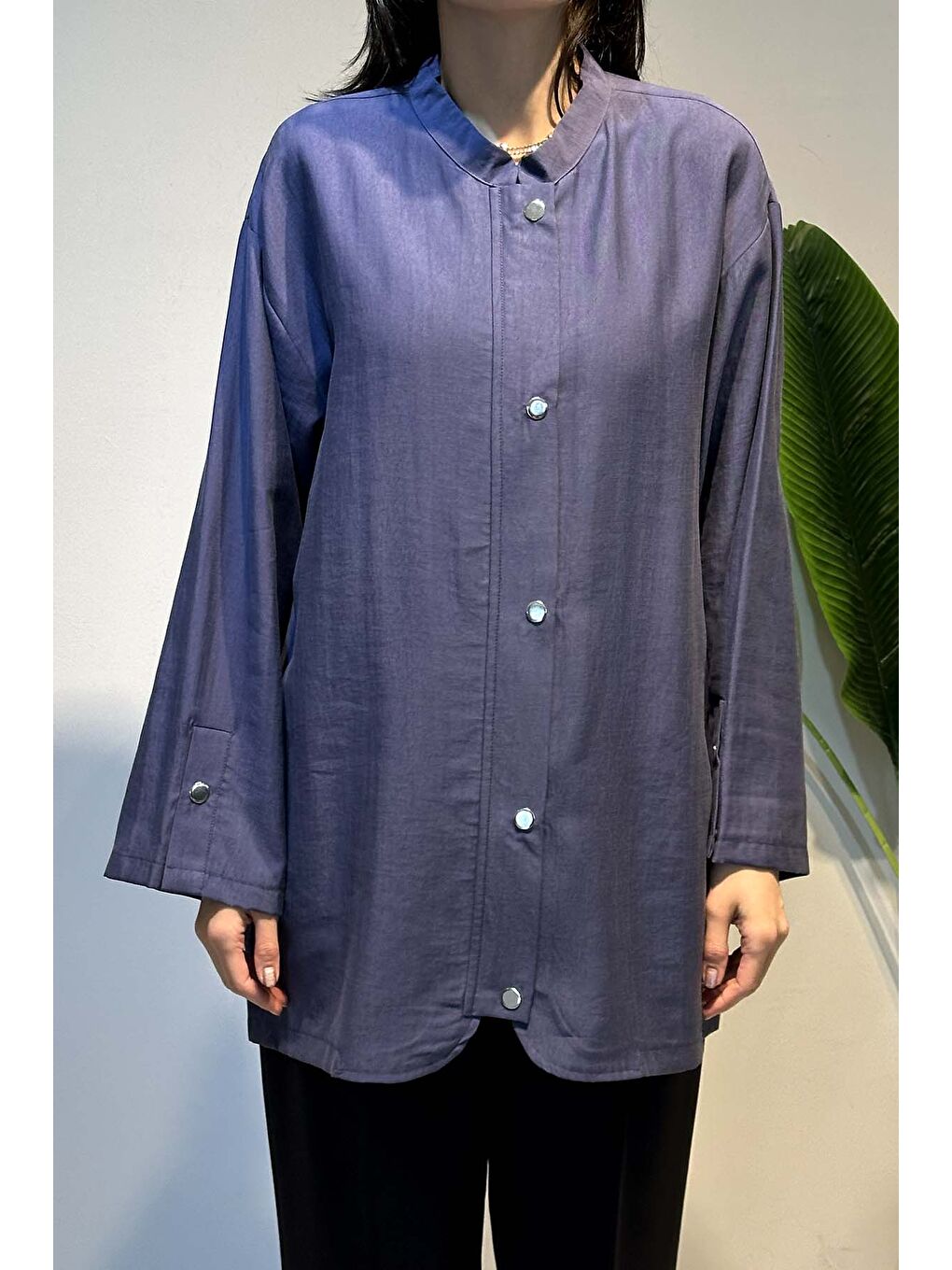 Önü Fermuar ve Çıtçıt Detay Kap Ceket 4445 İndigo-1