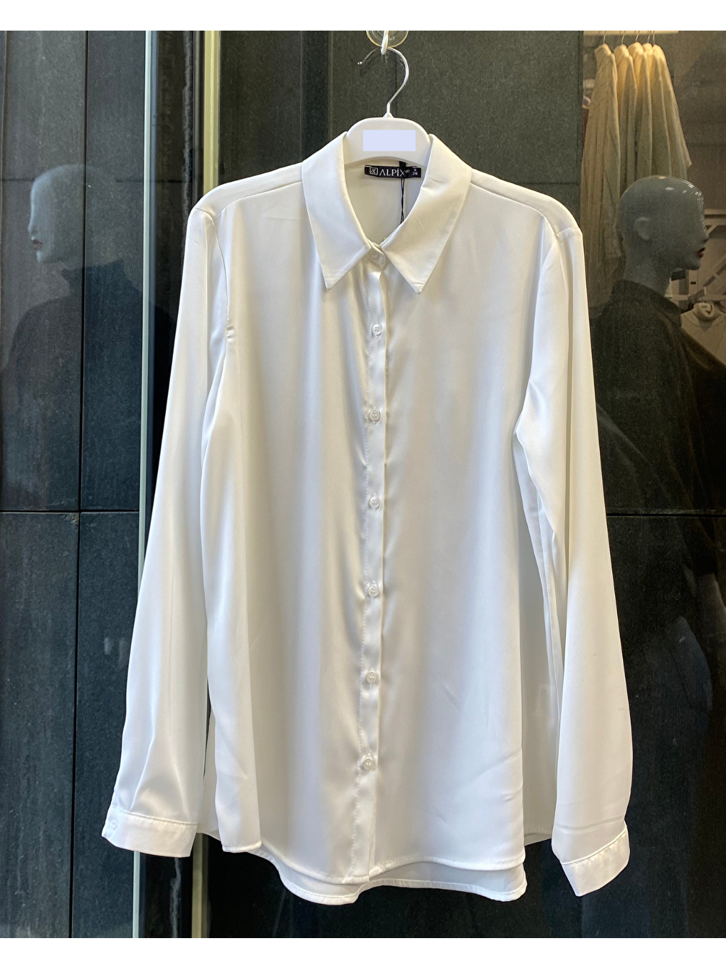 Beyaz Büyük Beden İpek Saten Klasik Gömlek-4