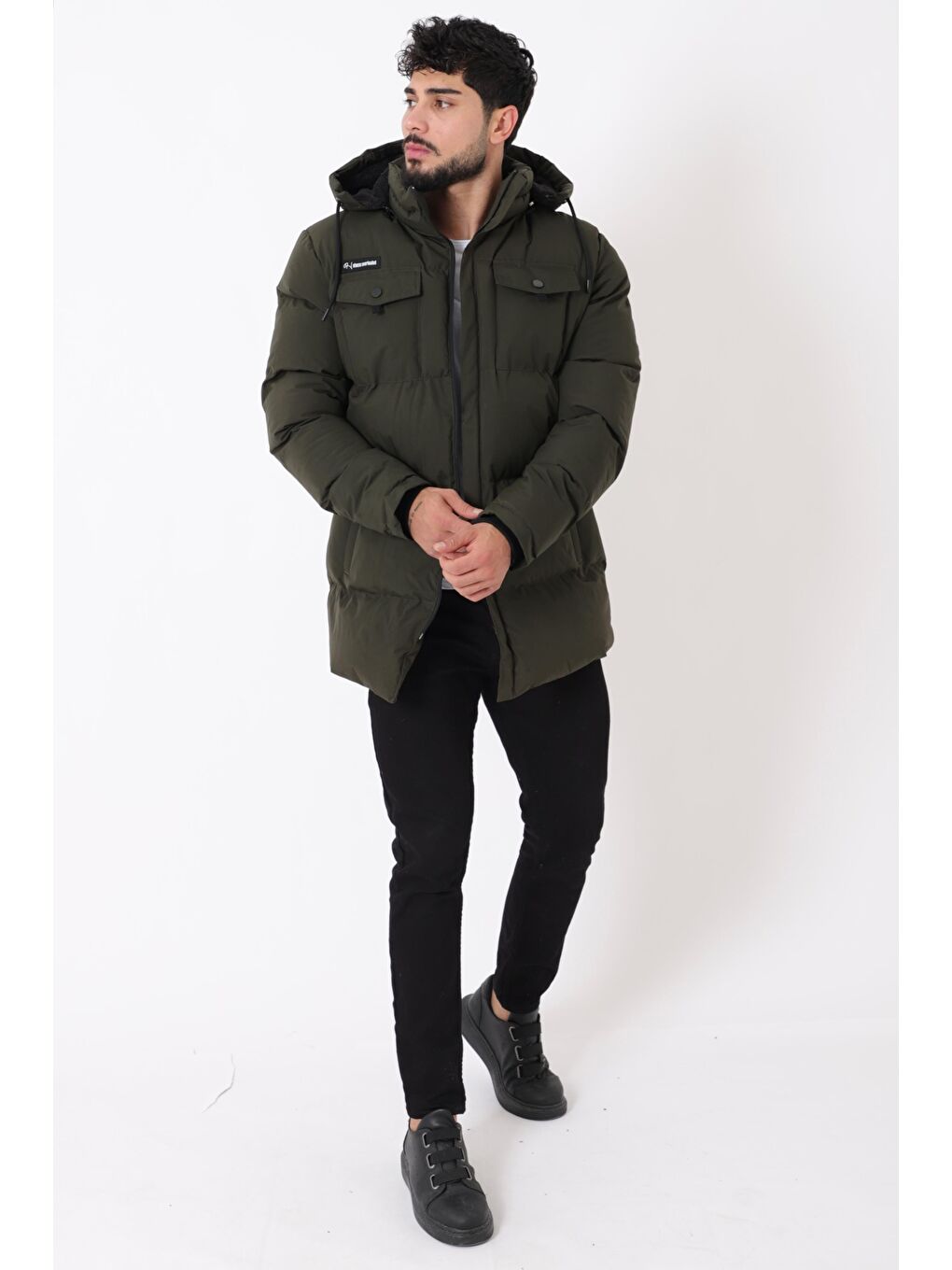 Haki Göğüs Cepli İçi Kürklü Uzun Şişme Mont PLDP 2957_50456-3